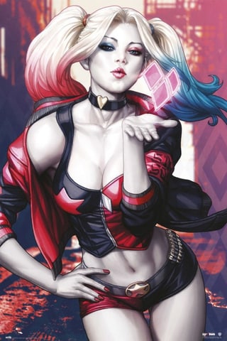 Illustrated Harley Quinn blowing a kiss towards the viewer against a city backdrop