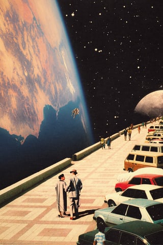 Retro cars and pedestrians on a promenade beside a vast Earth, with a tiny astronaut floating in space