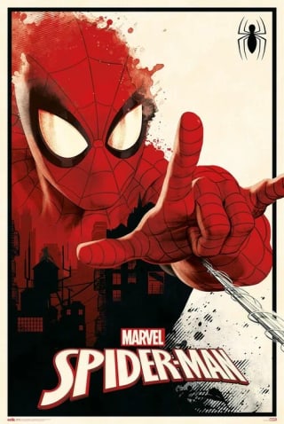 Spider-Man firing a web towards the viewer above a red city silhouette