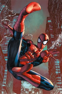 Spider-Man web-slinging above the city poster